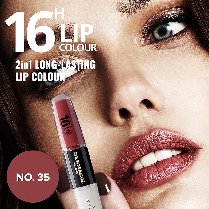 Dermacol NEW 16-Hour Lip Colour, Highly Pigmented Glossy Lip Stain, Two-Phase Lip Plumper Gloss, Kissproof Lip Makeup Products with Matte and Glitter Finish, n.35