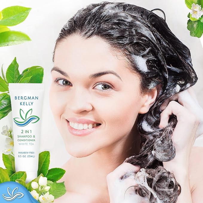 Bergman Kelly - Hotel 2 in 1 Shampoo and Conditioner - 0.5 fl oz, 200 PK, White Tea - Delight Your Guests with Revitalizing and Refreshing Travel Size Shampoo - Quality Mini Hotel Toiletries in Bulk