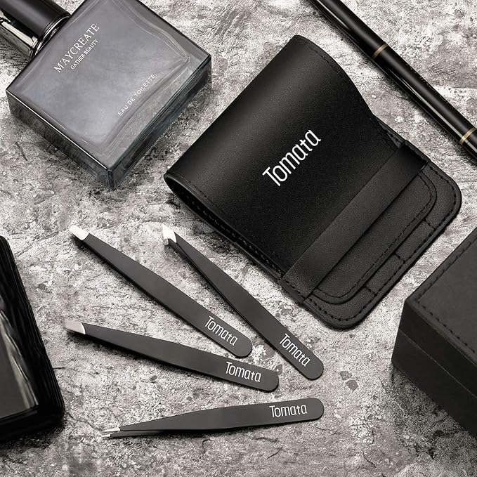 Tweezers for Eyebrows, 4-piece Slant Tip and Pointed Eyebrow Tweezer Set Great Precision for Eyebrows Facial Hair, Ingrown Hair, Splinter, Blackhead and Tick Remover (Black)