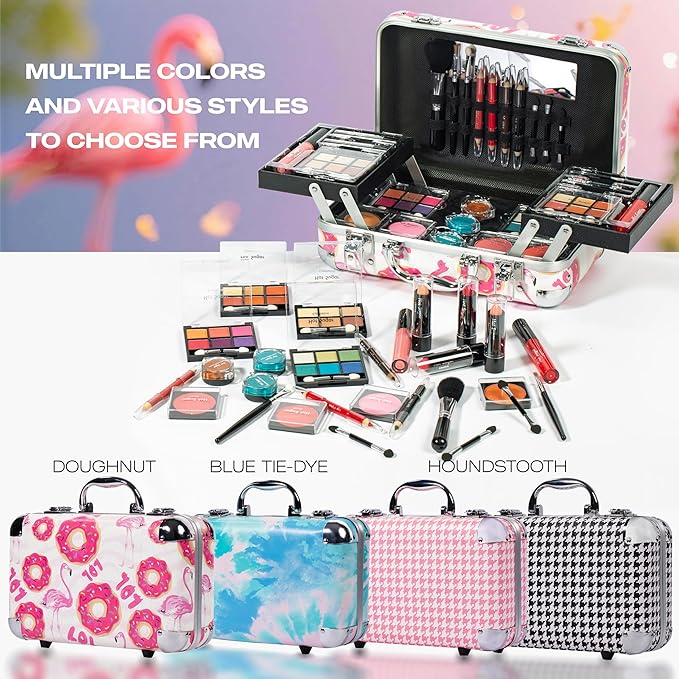 Hot Sugar All In One Makeup Set for Adults and Girls-Full Makeup Kit for Beginners Includes Eye Shadow Palette Blush Lip Gloss Lipstick Lip Pencil Eye Pencil Brush Mirror (Pink Houndstooth)