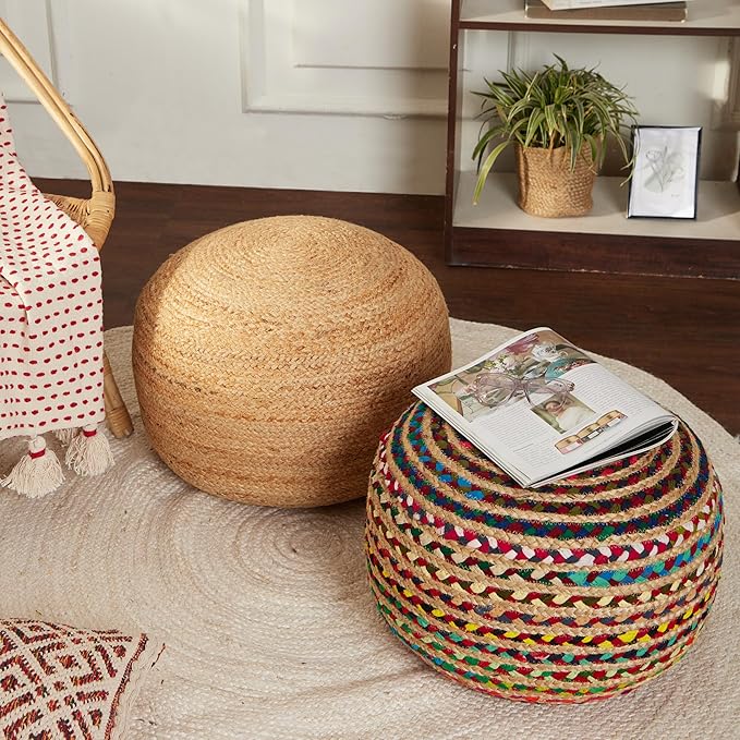 REDEARTH · Round Pouf Ottoman - Braided Boho Poof Home Décor Pouffe Accent Sitting Circular Foot Rest for Living Room, Bedroom, Nursery, Lounge; Jute and Cotton Set of 2 (19.5"x19.5"x14"; Multi)