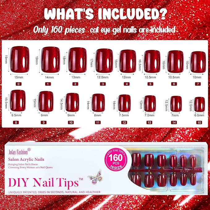 Cat Eye Press on Nails Red - 5 Styles Red Press on Nails Short Square, Soft Gel x Coat Nails False Nails, Bt Art Box Press On Nails in 16 Sizes -160 PCS Soft Gel Fake Nails Kit