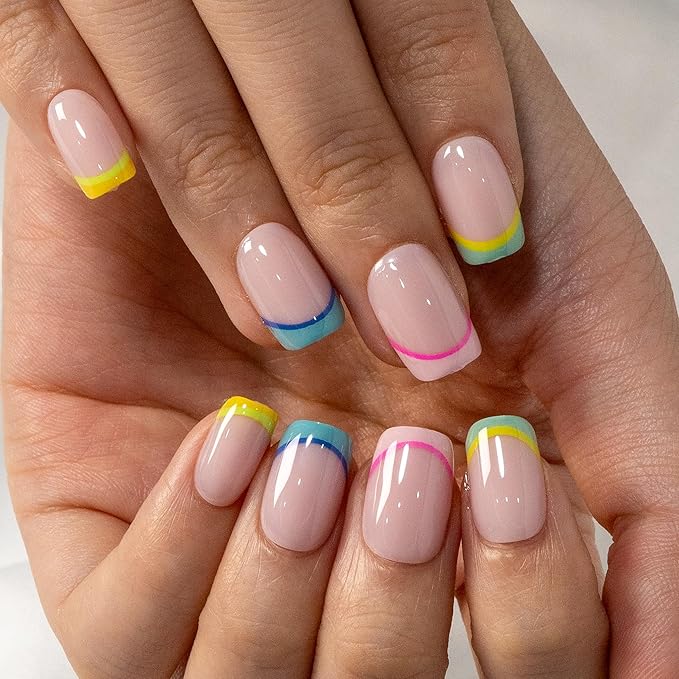 Curvlife Press on Nails Gel Fake Nails with Rainbow-French Design Full Cover False Nails for Women Reusable Nail Kit with Nail Glue Adhesive Tabs Nail File