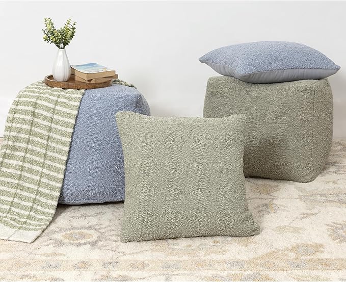 L. R. Resources, Inc. LR Home Handmade Contemporary Solid Boucle Indoor Medium Pouf Ottoman, Green | Cube for Living Room, Bedroom & Dorm Decor | 18 x 18 x 18 Stuffed Ottoman for Seating