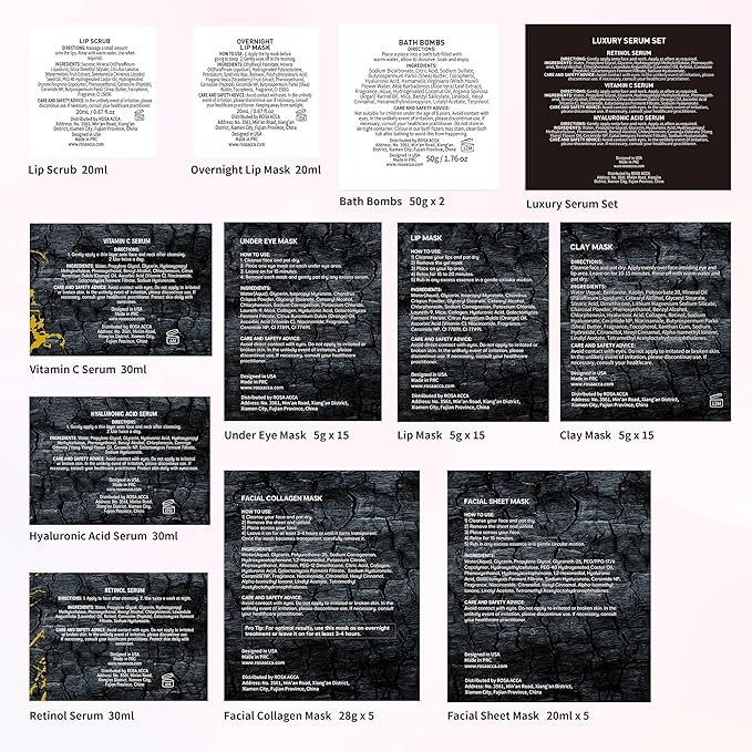 Charcoal Face Sheet Mask Pack, 55Pcs Skin Care Set for Women & Men, Hydrolyzed Real Collagen Mask, Hyaluronic Acid Face Serum, Gel Eye Patches, Gel Lip Mask, Lip Scrub, Christmas, Birthday Gift, Dad