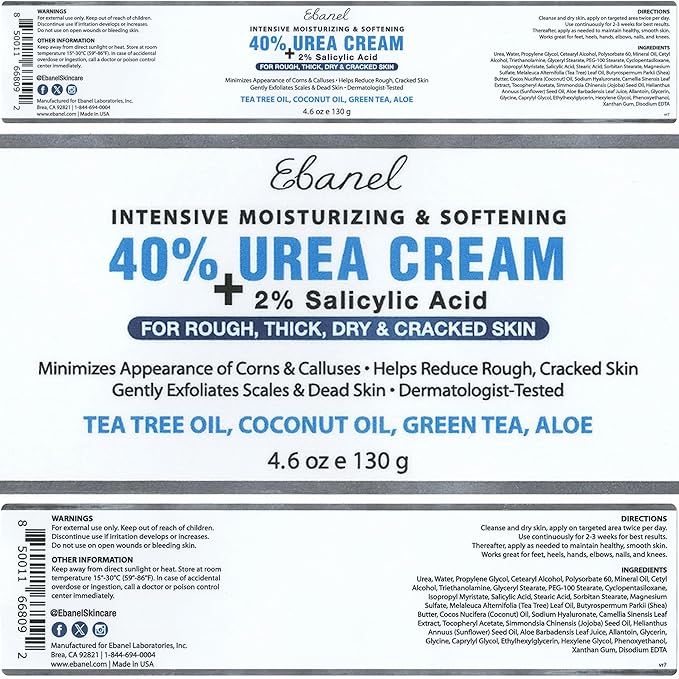 Ebanel Urea Cream 40% plus Salicylic Acid 2%, Foot Cream for Dry Cracked Heels Feet Knees Elbows Hands, Foot Dead Skin Cuticle Callus Remover Toenail Softener, Keratolytic Skin Barrier Repair, 3-Pack