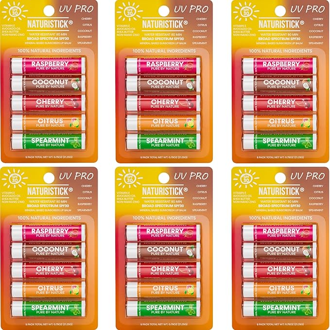 Naturistick SPF 30 Vegan Lip Balm β Mineral Sunscreen (Zinc Oxide) | Broad Spectrum UVA/UVB | 100% Natural, Coral-Friendly Formula | 30-Pack Raspberry, Coconut, Cherry, Citrus, Spearmint | Made in USA