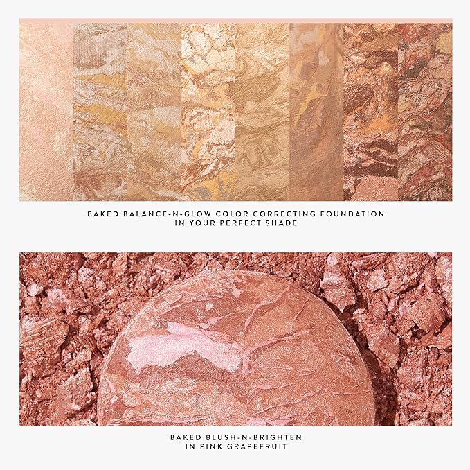 LAURA GELLER NEW YORK Baked Balance-N-Glow Illuminating Powder Foundation, Medium + Retractable Kabuki Brush + Baked Blush-N-Brighten, Pink Grapefruit