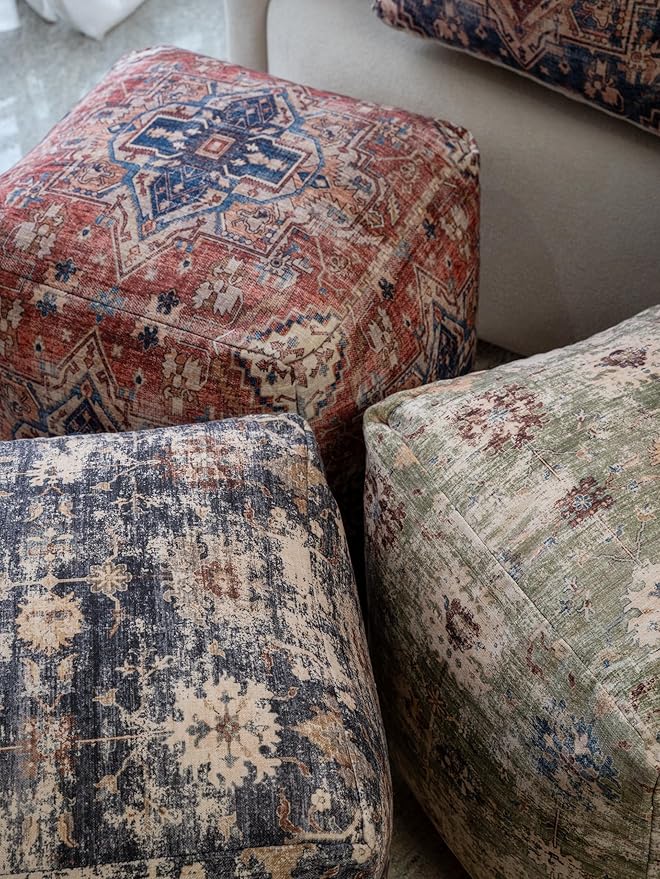 LR Home Vintage Floral Square Indoor Medium Pouf Ottoman, Navy Blue/Beige | Hand-Made Distressed Floral Pouf for Home Decor | 18 x 18 x 18 Stuffed Ottoman for Bedroom & Living Room Seating