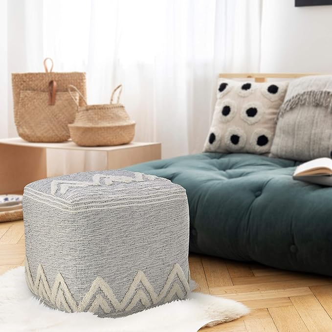 LR Home Gray/Ivory Geometric Hand-Woven Polyester Ottoman Pouf for Home Decor | Modern Transitional Foot Rest for Bedroom & Living Room Decor | 16 x 16 x 16 Stuffed Ottoman for Seating