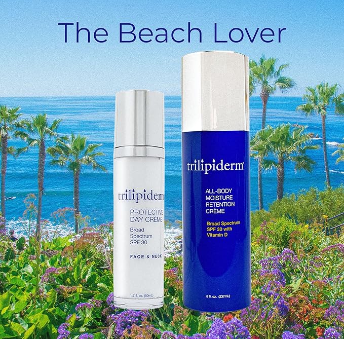 Trilipiderm Beach Lover Bundle- All-Body Moisture Retention Crème Sunscreen (8oz) & Protective Day Crème Broad Spectrum SPF 30 (1.7oz), Sunscreen Lotion UVA/UVB Set for Face, Body, Travel Size