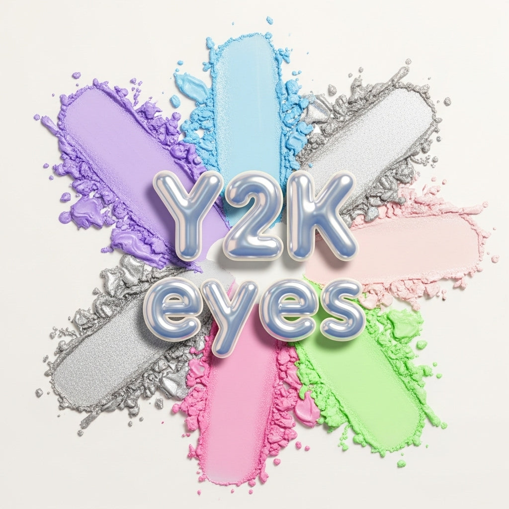“Y2K eyeshadow category image with crushed powder pigments, shimmer particles, and bold Y2K colors on a white background.”