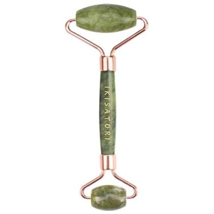Green Jade Natural Stone Curved Facial Roller & Guasha Set - Jade Facial Massage and Face Sculpting Tool by Ikisatori (Green Jade)
