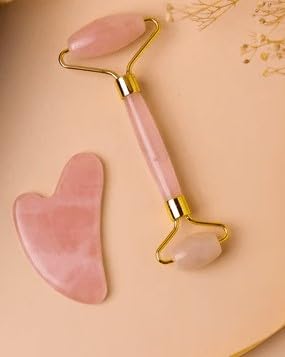 Rose Quartz Roller and Gua sha Set | Reduces Wrinkles, Fine lines and Dark Circles | Pink Jade Roller | Anti-aging Massager for Skin Toning and Tightening for Face, Eyes, Neck