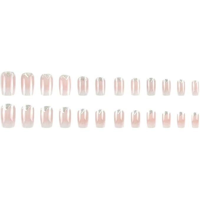 24pcs Short Press-on Nails Square False Nails with Geometric Design, Glitter Gradient Artificial Nails