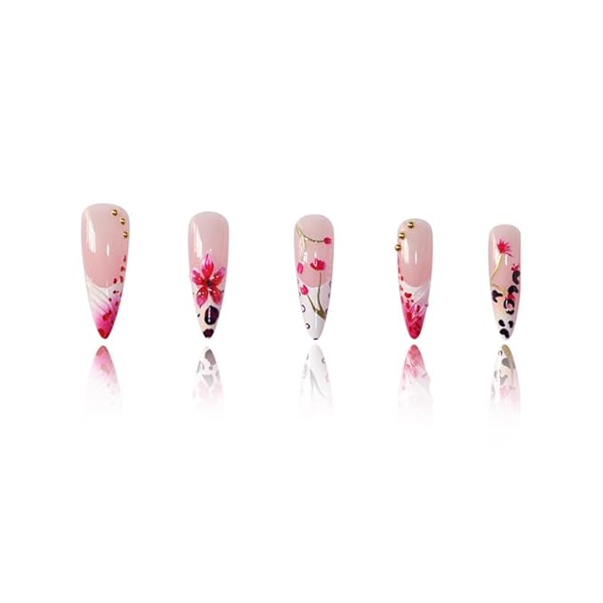 Long Press on Nails Almond False Nails Nude Fake Nail Pink Stick on Nail with Red 3D Flower Leopard Print Glamorous Manicure for Women 24pcs