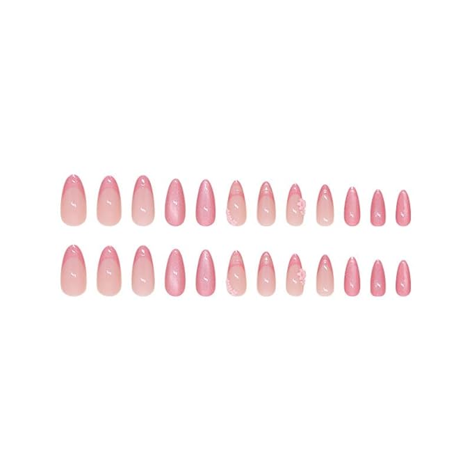 Medium Press on Nails Almond Fake Nails Pink Glitter Acrylic False Nails with Deigns Sakura Flower Glue on Nails Press ons French Nails Decorations for Women Girls 24Pcs