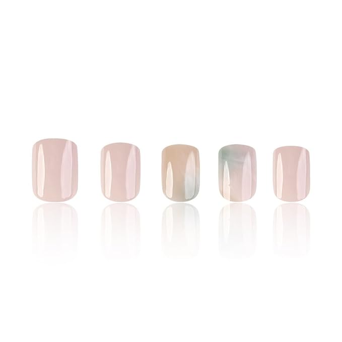 Short Square Press on Pink Marble Glossy Acrylic Nails with Ombre Design - Cute False Squoval Full Cover Glue on Nails for Women Girls - 24 Pcs