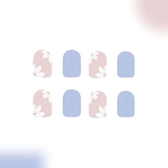 Square Press On Nails Short Fake Nails Blue False Nails With Flower Design Spring Glue On Nails Full Cover Artificial Nails Glossy Floral Stick On Nails For Women Manicure Art 24pcs