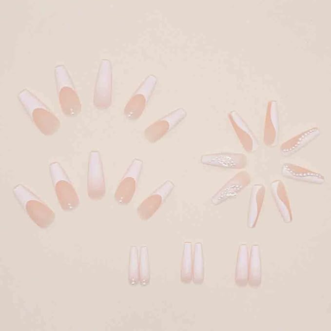 Long White Press on Nails Pearl French Fake Nails Full Cover Coffin Butterfly Acrylic False Rhinestone Nails for Women and Girls,24PCS