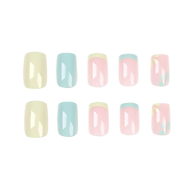RikView French Tip Press on Nails Medium Fake Nails Blue Stick on Nails with Flowers Design Square Yellow Nails for Women
