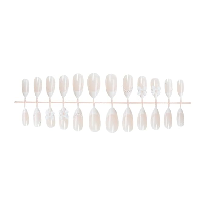 French Tip Press on Nails Medium Almond Fake Nails White Bow False Nails Glossy Pearl Acrylic Nails with Designs Bow Charm Artificial Nails Glue on Nails for Women Girls Manicure Art