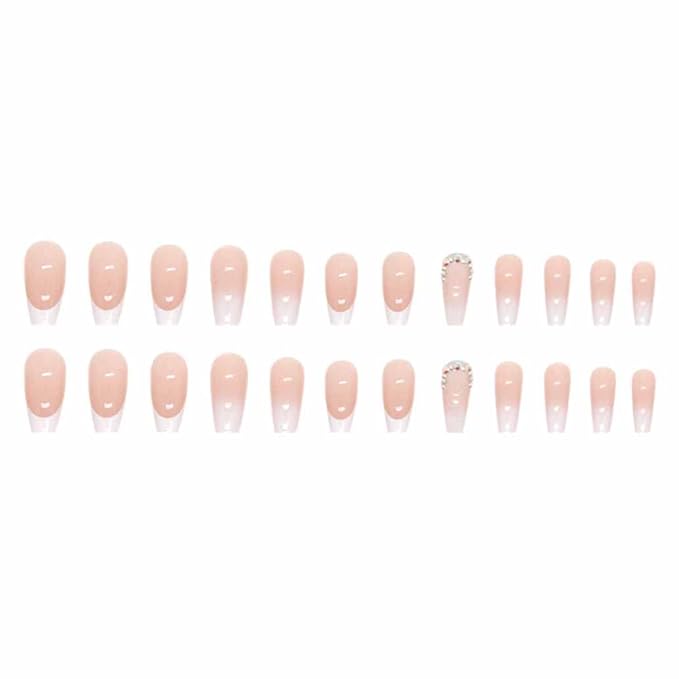 Nude Press on Nails Coffin French Long Fake Nails Acrylic Rhinestone Luxury Design Glossy Artificial Nails Full Cover False Nail Tips-24pcs