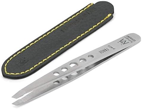 GERMANIKURE Professional Perforated Slanted Tweezers - FINOX Stainless Steel Sharp in Leather Case - Ethically Made in Solingen, Germany - 4403