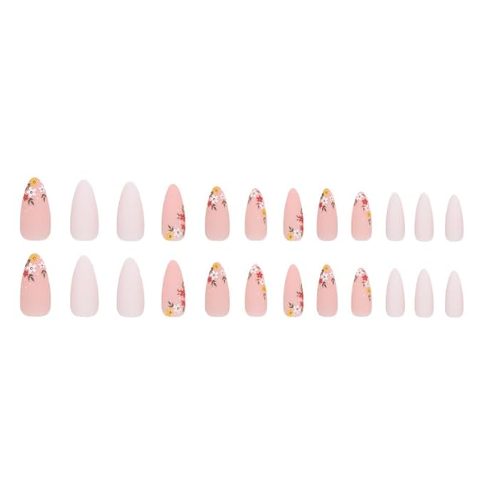 Almond Press on Nails - Pink Nude False Nails with French Flower Designs, Glossy Full Cover Stick on Nails for Women & Girls - 24pcs