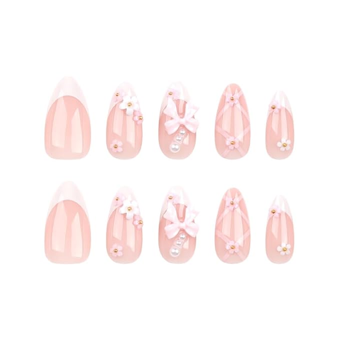 French Press on Nails Medium Rhinestone Pink Fake Nails Almond Bling Glossy 3D Flower False Nail Tips Artificial Nails Finger Manicure for Women&Girls -24 pcs