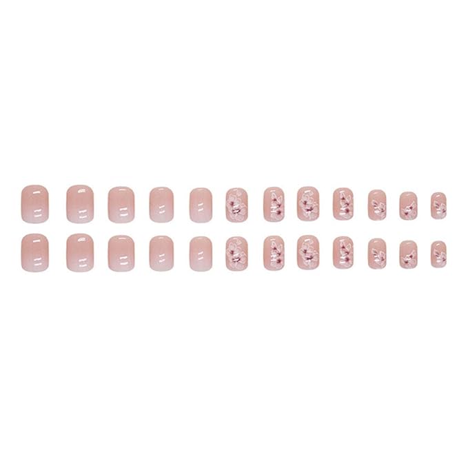 Flower Fake Nails Square Press on Nails Short False Nails with Ombre Design Pink Acrylic Nails Full Cover Artificial Nails Floral Glue on Nails Stick on Nails for Women Manicure 24Pcs