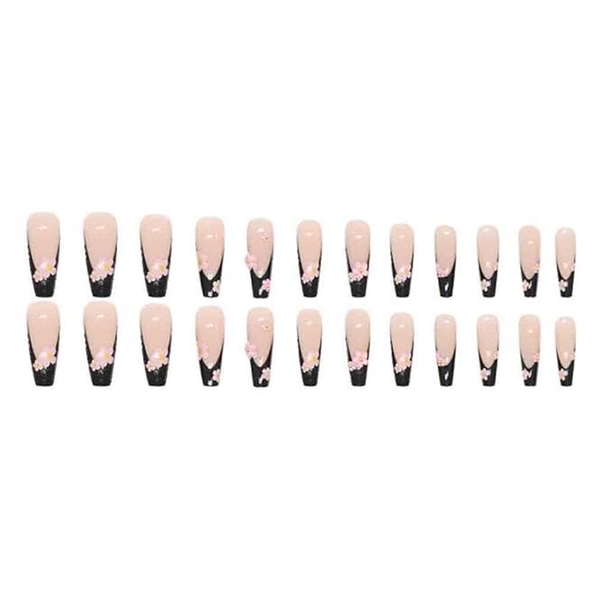 Black Press on Nails Long French 3D Flower Fake Nails Coffin Glossy False Nail Tips Artificial Nails Finger Manicure for Women and Girls,24pcs