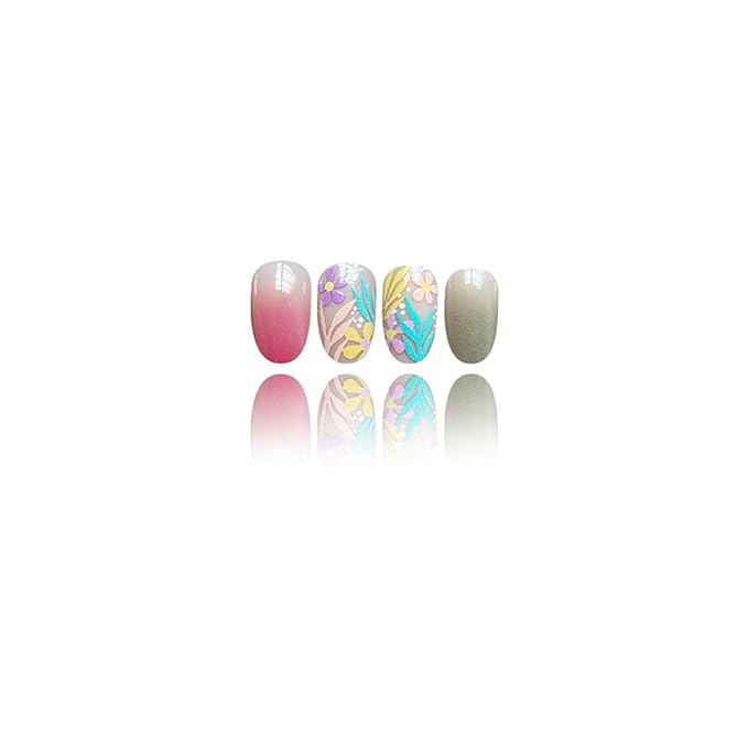 Short Almond Press on Nails Colorful Fake Nails Flower False Nails Floral Grass Gradient Design Glossy Summer Glue on Nail Acrylic Full Cover Stick on Nails for Women Decor Salon Manicure