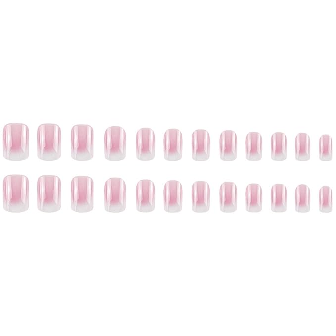 Short Press on Nails Square Fake Nails Pink White Gradient Acrylic Nails Press on Glossy French Tip Glue on Nails with Designs Medium False Nails with Glue Summer Artificial Nails for Women 24Pcs