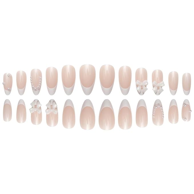 Press on Nails Almond Medium Pearl White Fake Nails French Glossy 3D False Nail Tips Artificial Nails Finger Manicure for Women&Girls -24 pcs