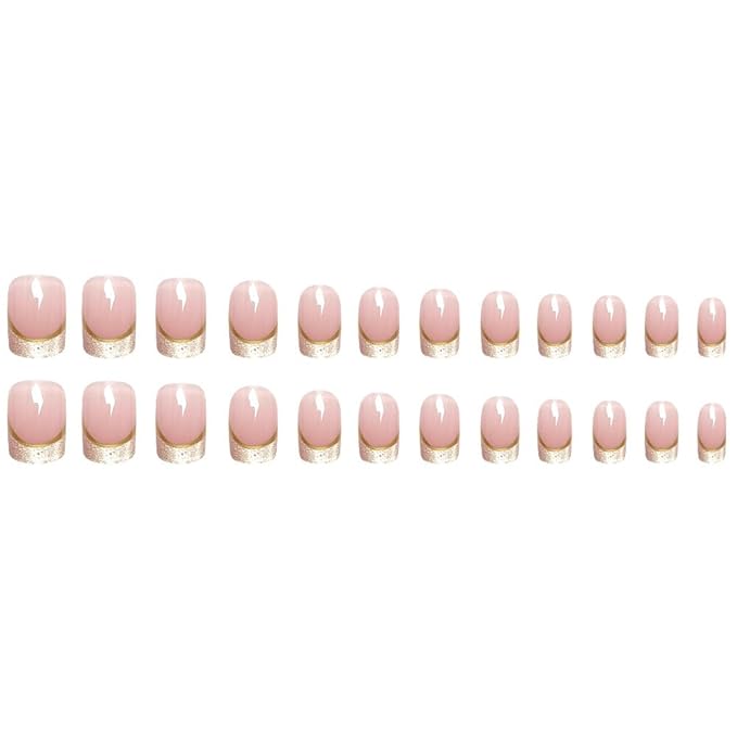 Gold French Tip Press on Nails Medium Fake Nails Bling Acrylic Glue on Nails Gradient Pink False Nail Tips Exquisite Design Stick on Nails Medium Square Artificial Nails for Women Finger Manicure
