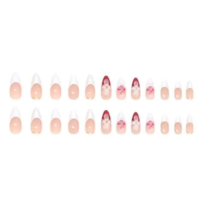 Flower Press on Nails White French Tip Fake Nails Medium Almond False Nails with Pearl Design 5D Floral Glue on Nails Glossy Artificial Acrylic Full Cover Spring Stick on Nail for Women Manicure