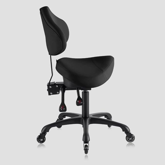 Pneumatic Swivel Rolling Saddle Chair with Wheels and Ergonomic Back Support for Hair Stylist, Dental Hygienist, Hygienic Clinic, Spa, Massage, Home, Office - 510 KOA (Black, Standard)