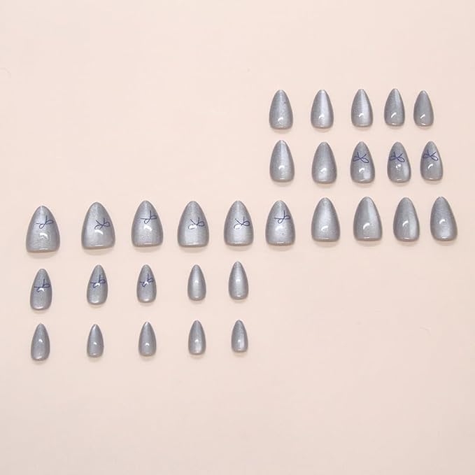 Silver Press on Nails Short Almond Fake Nails Cat Eye Acrylic Nails Glossy Shiny False Nails with Bow Artificial Nails Full Cover Glue on Nails for Women Girls Manicure Nails Decoration 24Pcs