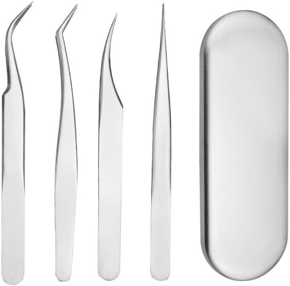 Professional Stainless Steel Eyelash Extension Tweezers, Straight and Curved Lash Tweezers Set for Eyelash Extension Artists Girls Women Beginners Tool (4Pcs/Set Eyelashes Tweezers)