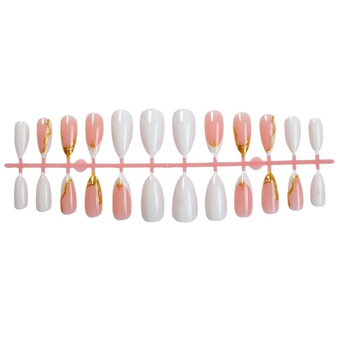 French Tip Press on Nails Almond Fake Nails with 3D Gold Line Sun Design White Acrylic False Nails Press ons Medium Glossy Full Cover Stick on Nails for Women Manicure 24Pcs