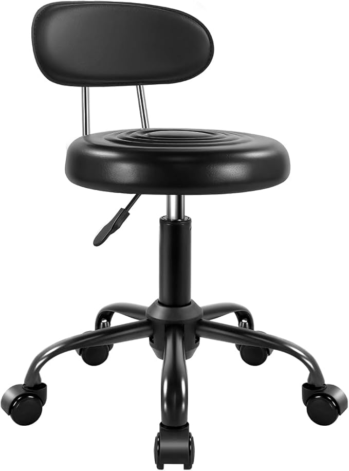 Rolling Stool with Wheels Swivel Stool with Back Height Adjustable Chair PU Leather Rolling Chair Ideal for SPA Salon Home Office Drafting Work (Black)