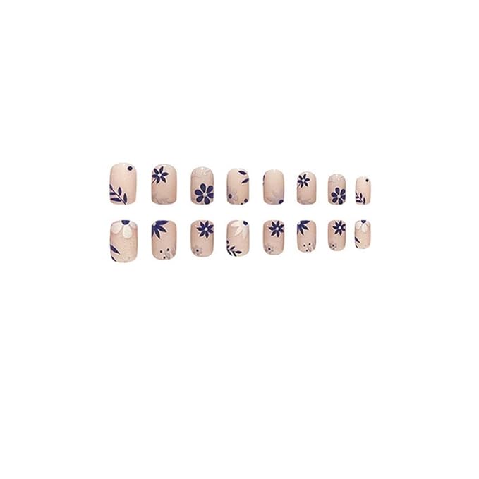 Square Press on Nails Short Fake Nails Nude False Nails with Flower Design Cute Glue on Nails Full Cover Acrylic Nails Artificial Nails Glossy Stick on Nails for Women Manicure Art 24Pcs