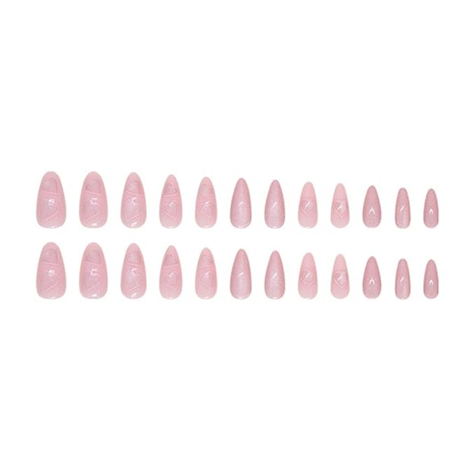 Almond Press on Nails Medium French Tips Pink Glossy Full Cover for Women 24 PCS/Set (Pink Heart French)