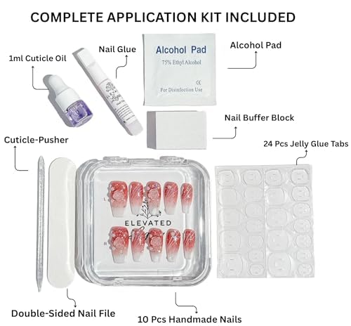 Large-Rose Quartz Elegance Fake Nails Press-On Manicure Kit for Women | French Tip 10 Nails | Nail Glue, Dual Nail File, Cuticle Stick, Buffer Block | Measure Before Ordering