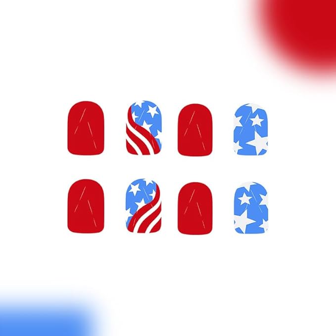 2 Packs 48Pcs Independence Day Press on Nails Short Square Fake Nails Stripe Star False Nails Patriotic Flag Patter Full Cover Acrylic Nails Glue on Nails for Women 4th of July Manicure Decoration