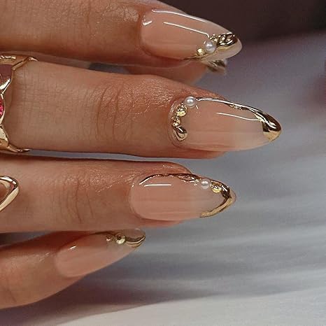 Press on Nails Almond Fake Nails French Tip False Nails Press ons Medium Gold Line Glue on Acrylic Nails Glossy Full Cover for Women Manicure Decoration 24Pcs