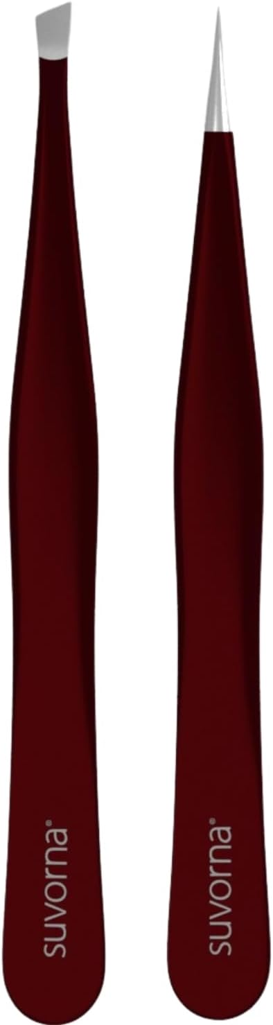 Suvorna Professional Tweezers for women facial hair - Sharp Pointed Tweezer & Slanted Eyebrow Tweezers for Women - Eyebrow Tweezer for Women, Lash tweezers and Splinter removal (4-inch size, Maroon)