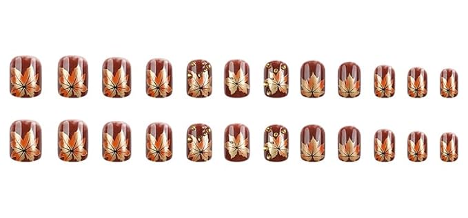 Maple Leaf Press on Nails 24Pcs Fall Leaves Stick on Fingernails Thanksgiving Short Square False Nails Glossy Gold Maples Acrylic Fake Nail Autumn Rhinestones Gel Glue on Nail for Coquette Women