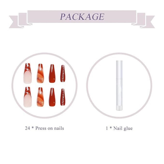 BABALAL Press on False Nails Full Cover Glue Stick on Fake Nails - Long Coffin, Brown Fall Acrylic, 24Pcs, Bling Glossy Manicure for Women and Girls